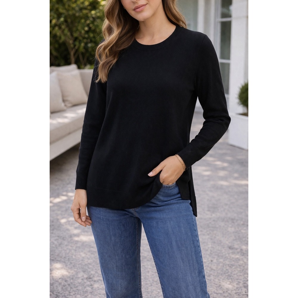 LOFT Womens Black Long Sleeve Crewneck Side Slit Knit Sweater Size S 486746